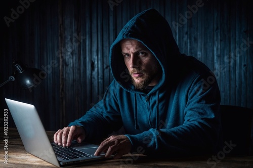 Hacker in the dark near a laptop, looking at the monitor. Internet maniac, criminal steals personal data