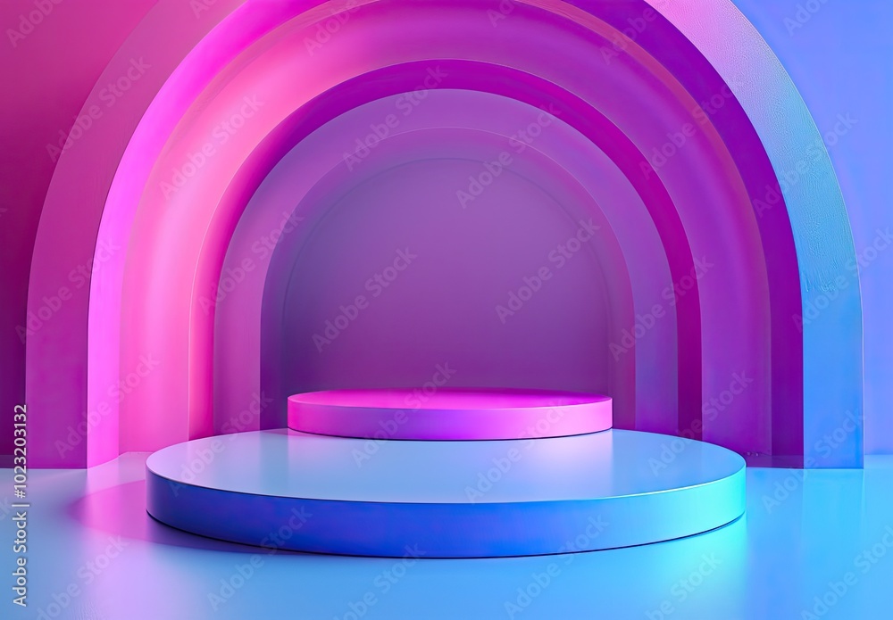 Contemporary 3D Podium with Glowing Neon Arches and Gradient Lighting – Perfect for Stylish Product Displays and Digital Visual Presentations Contemporary 3D Podium with Glowing Neon Arches and Gradient Lighting – Perfect for Stylish Product Displays and Digital Visual Presentations