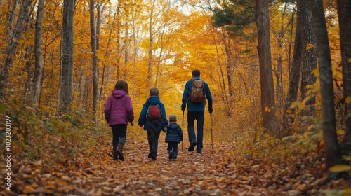 Family Hiking Through a Golden Autumn Forest