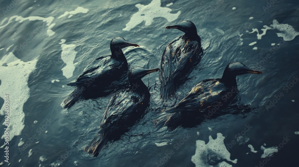 Obraz premium A tragic scene of seabirds covered in oil, perched on the ocean surface, surrounded by a slick from an oil spill, symbolizing the damage to marine life
