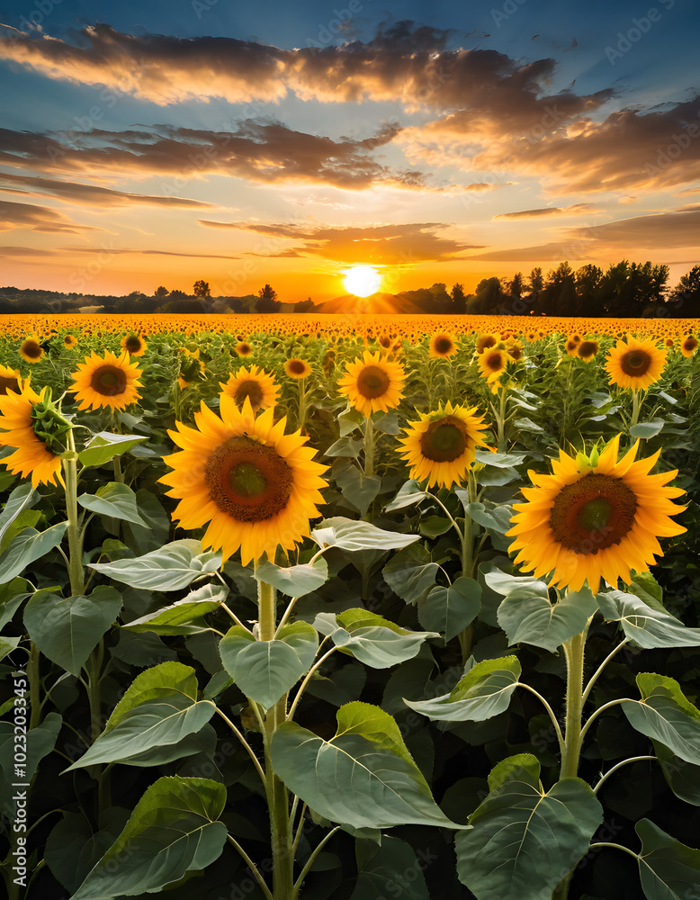Fototapeta premium Stunning sunset over a field of sunflowers with vibrant yellow blooms