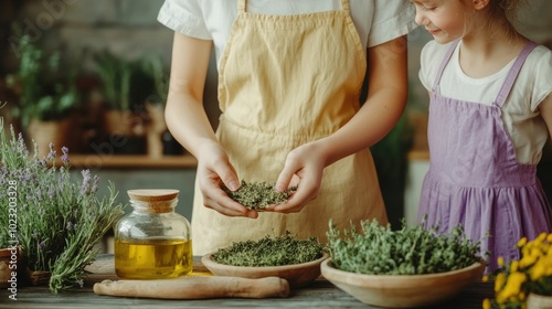 Parent making homemade herbal oil for a child s skin irritation using fresh botanical ingredients and natural methods in a home kitchen setting  Concept of natural skincare healthcare photo