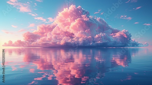 Floating island adventure magical sky travel with pink cloud reflection in water landscape beauty view photo