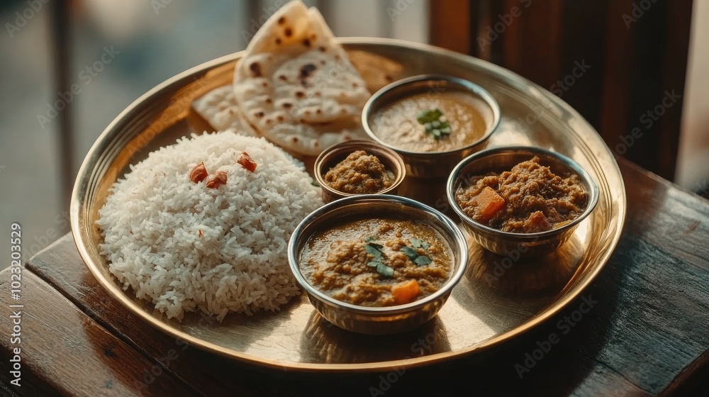 Traditional Indian Thali Served on Brass Plate Traditional Indian Thali Served on Brass Plate