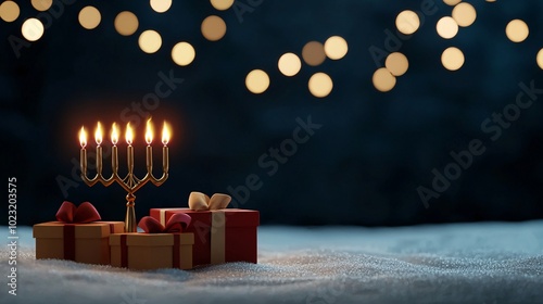 A serene holiday scene featuring a menorah with lit candles beside beautifully wrapped gifts against a soft, illuminated background. photo