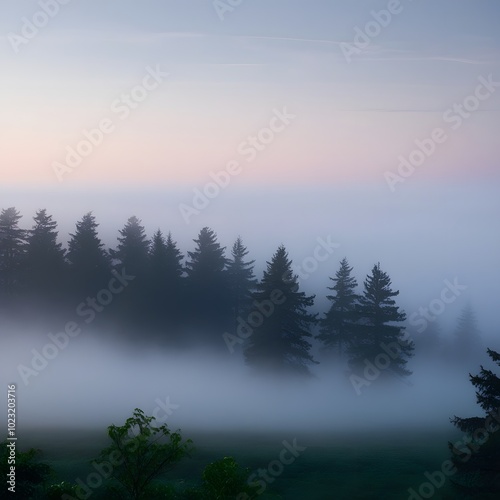 Winter Sunrise in a fogy days landscape design.