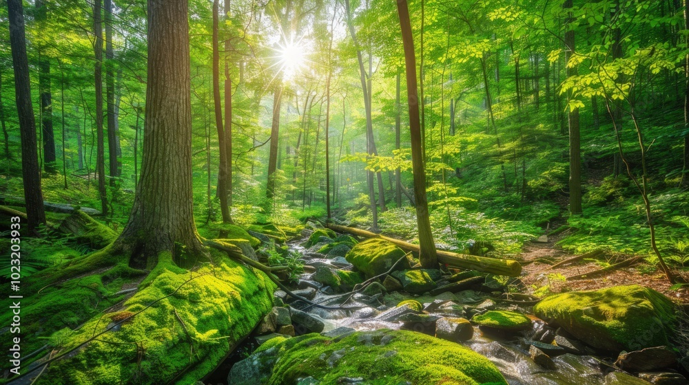 Fototapeta premium Sunlight Filtering Through a Lush Forest