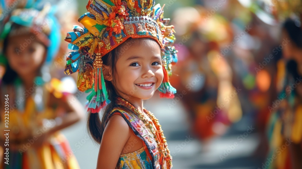 A Young Girl Dressed in Traditional Colorful Attire Smiles Brightly