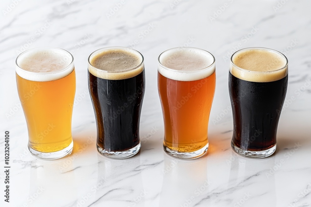 A row of four distinct beer glasses on a marble surface, featuring different colors and types of beer, showcasing their foamy tops. A row of four distinct beer glasses on a marble surface, featuring different colors and types of beer, showcasing their foamy tops.