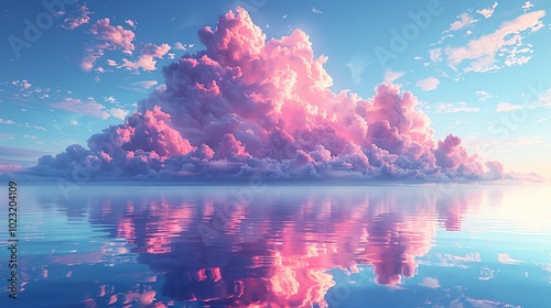 Floating island adventure magical sky travel with pink cloud reflection in water landscape beauty view photo