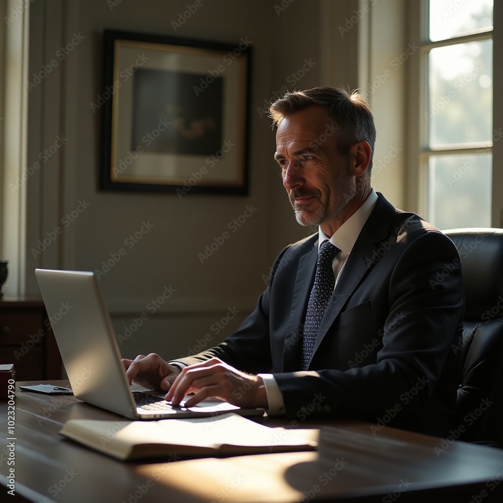 Successful mature businessman at work with laptop inside office, man in business suit sitting at desk typing on computer, satisfied with achievement result and work Successful mature businessman at work with laptop inside office, man in business suit sitting at desk typing on computer, satisfied with achievement result and work