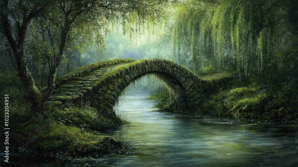 Ancient mossy stone bridge crossing a slow river, surrounded by weeping willows, nature's serenity captured Ancient mossy stone bridge crossing a slow river, surrounded by weeping willows, nature's serenity captured