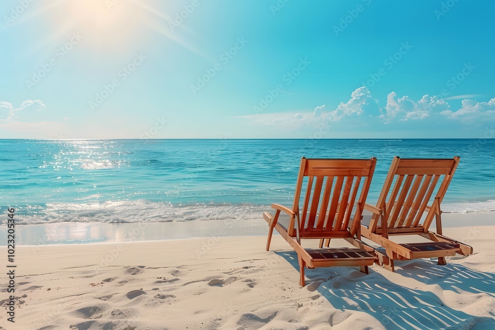 Serene Beachfront Retreat with Sunlit Lounge Chairs Serene Beachfront Retreat with Sunlit Lounge Chairs