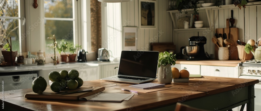 A sunlit kitchen with apples and a laptop on the wooden table, exuding a warm, inviting atmosphere suited for creativity and productivity. A sunlit kitchen with apples and a laptop on the wooden table, exuding a warm, inviting atmosphere suited for creativity and productivity.