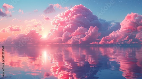 Floating island adventure magical sky travel with pink cloud reflection in water landscape beauty view photo