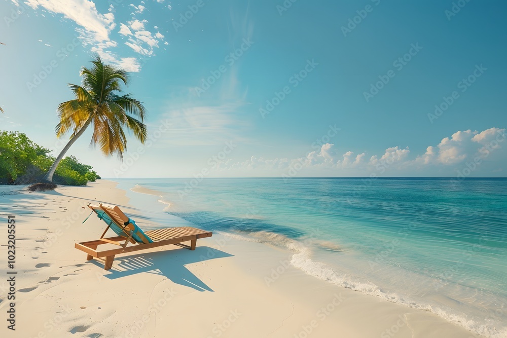 Serene Beachfront Escape with a Lounge Chair and Palm Tree Serene Beachfront Escape with a Lounge Chair and Palm Tree