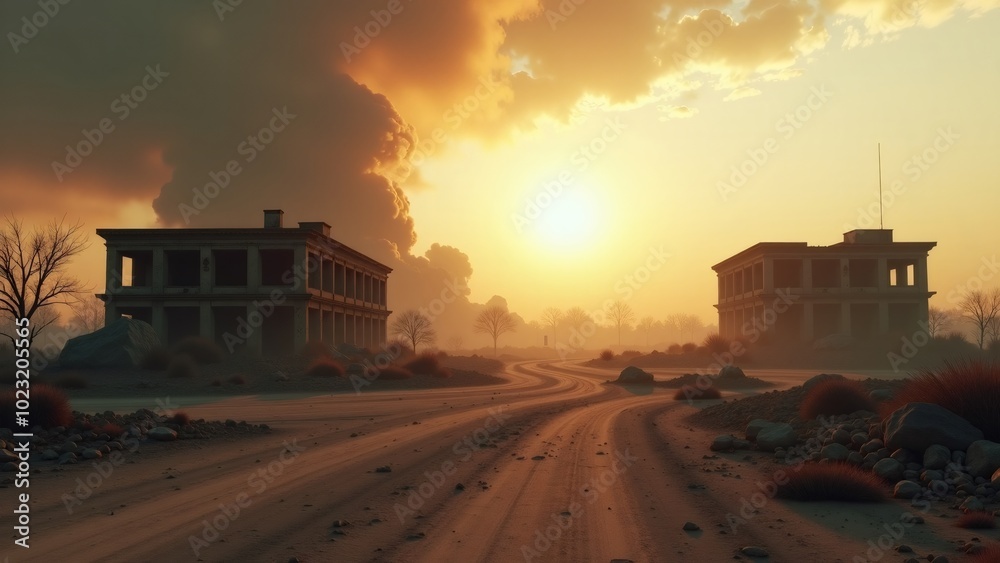 Apocalyptic Sunset Over Abandoned Buildings