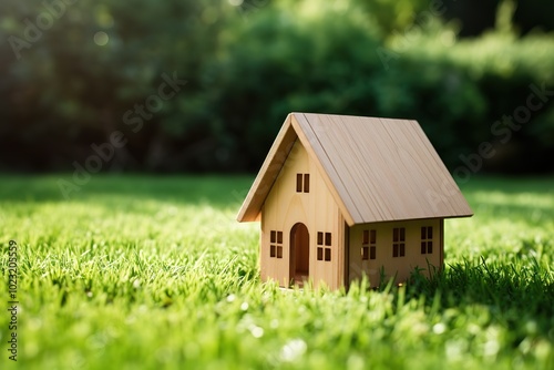 Miniature Wooden House Model on Green Grass illustration.