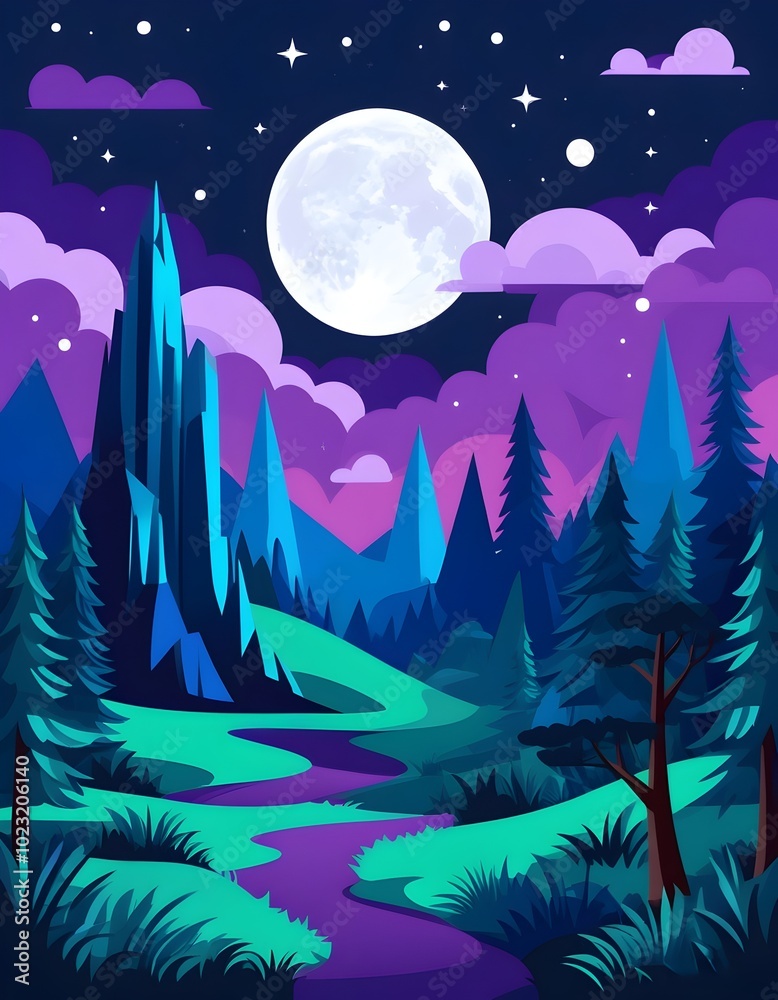 Fototapeta premium moonlight over a dark, magical forest in a dreamy night landscape
