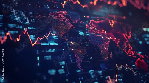 World map highlighting major stock exchanges with graph lines connecting them photo