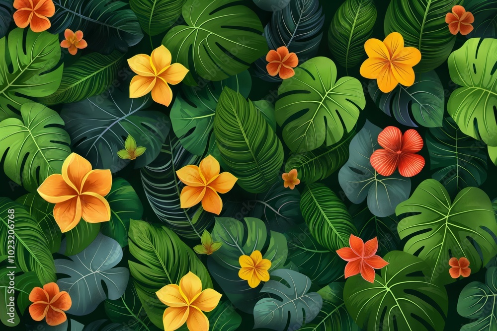 Tropical leaves and flowers in flat style for nature-themed designs Tropical leaves and flowers in flat style for nature-themed designs