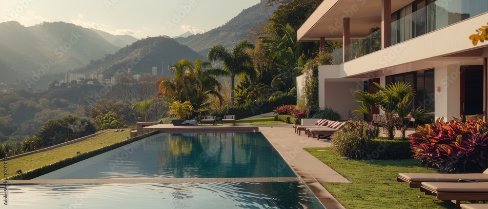 Fototapeta premium A modern estate with an infinity pool seamlessly blending into lush surroundings, mountain views creating a luxurious escape.