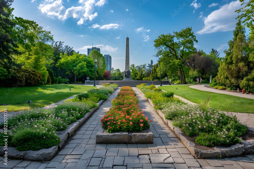 Serene Park Landscape with Monument and Vibrant Flower Beds Serene Park Landscape with Monument and Vibrant Flower Beds