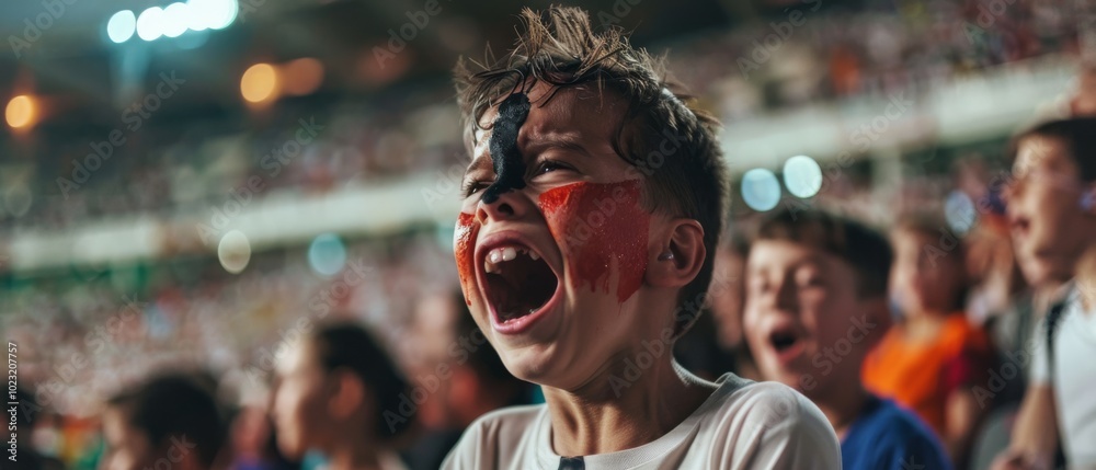 Enthusiastic child with face paint cheers amid a lively stadium crowd, capturing the thrill of a sports event. Enthusiastic child with face paint cheers amid a lively stadium crowd, capturing the thrill of a sports event.