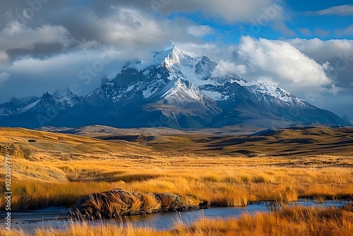 Majestic Snow-Capped Mountains Surrounded by Golden Grasslands and a Serene Stream