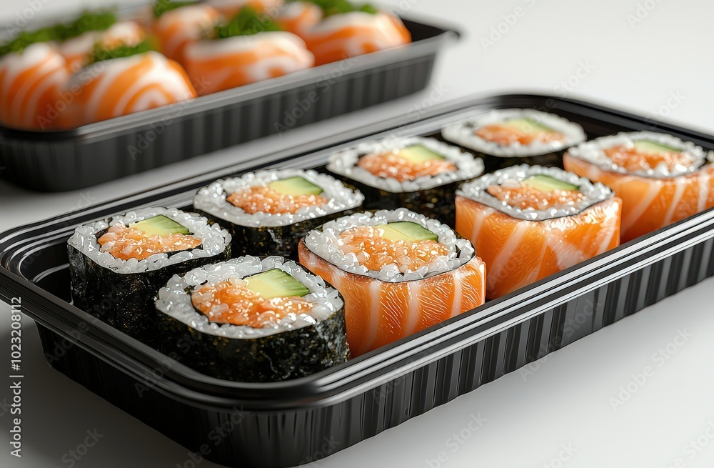 black plastic tray with sushi, top view angle. On light grey background. Sushi in the box is made of salmon sashimi, tuna fish roll and green vegetables. black plastic tray with sushi, top view angle. On light grey background. Sushi in the box is made of salmon sashimi, tuna fish roll and green vegetables.