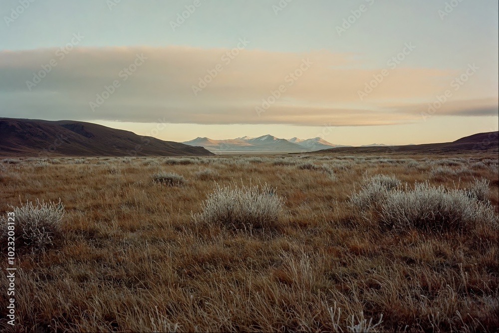 Tranquil Meadow with Distant Snow-Capped Mountains at Sunset Tranquil Meadow with Distant Snow-Capped Mountains at Sunset