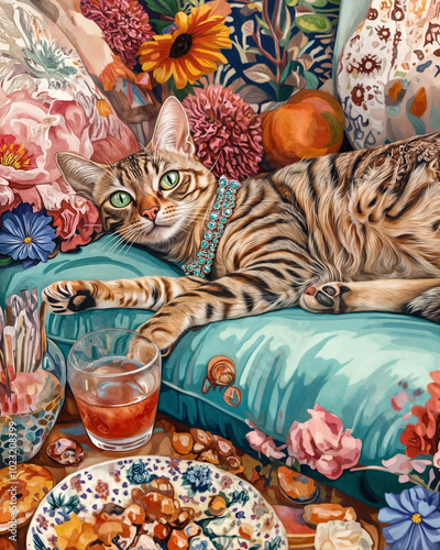 Contemporary Digital Illustration of a Stylish Cat Relaxing

