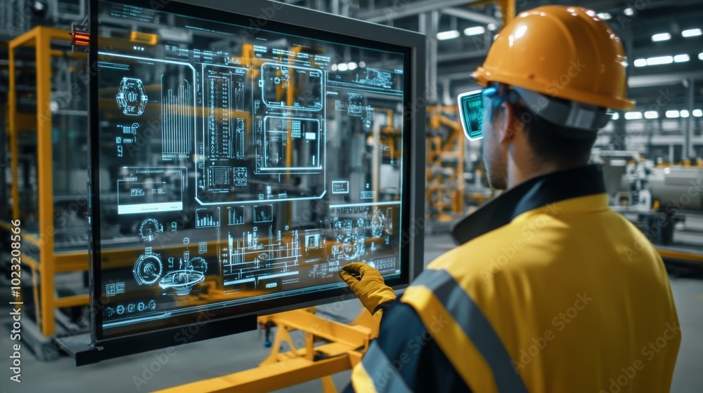 custom made wallpaper toronto digitalA worker in safety gear interacts with a high-tech digital display in a modern industrial environment.