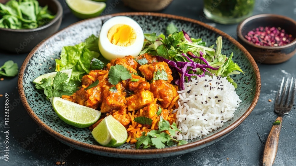 Delicious Chicken Biryani with Boiled Egg and Fresh Greens Delicious Chicken Biryani with Boiled Egg and Fresh Greens