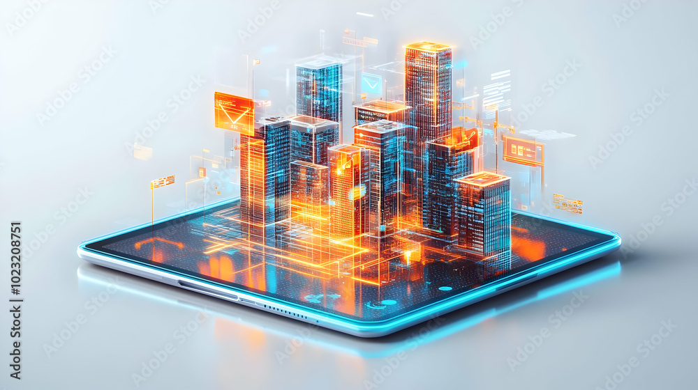 3D Glossy Holographic Tablet Icon Featuring Home Office and Calendar for Time Management - Modern Scheduling Concept on Isolated White Background 3D Glossy Holographic Tablet Icon Featuring Home Office and Calendar for Time Management - Modern Scheduling Concept on Isolated White Background