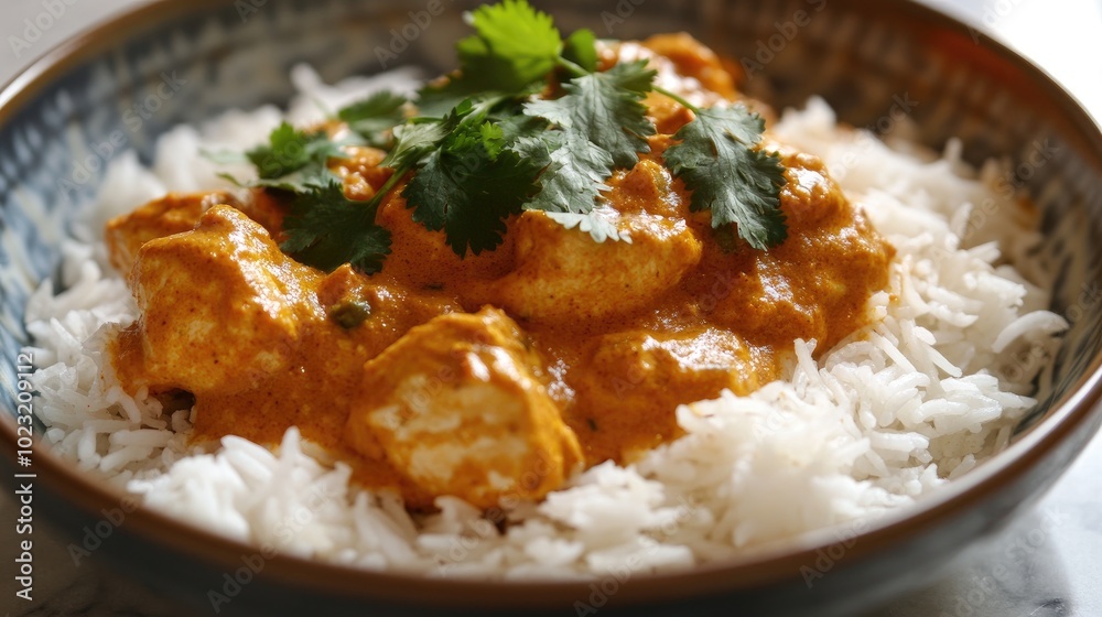 Chicken Korma Served with Fluffy Rice and Fresh Herbs Chicken Korma Served with Fluffy Rice and Fresh Herbs