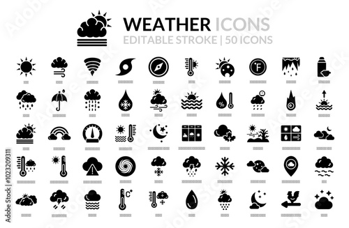 50 Outline Weather Icon Pack: Minimalist Line Icons for Forecast, Climate, and Seasons