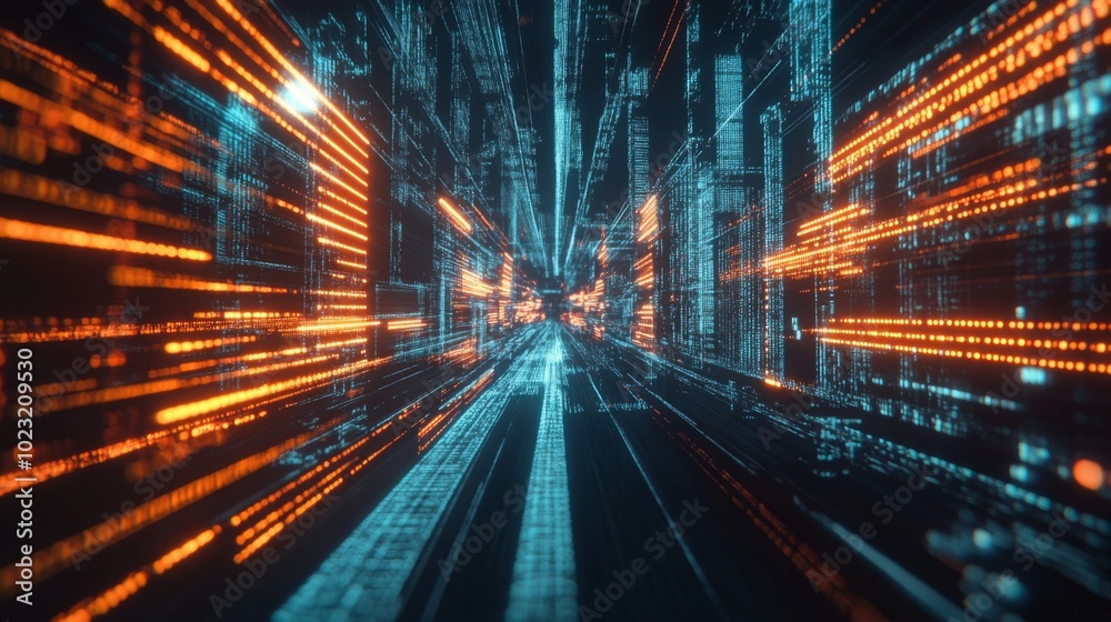 A dynamic, futuristic scene with bright blue and orange lines representing digital data flowing through a virtual space or tunnel. A dynamic, futuristic scene with bright blue and orange lines representing digital data flowing through a virtual space or tunnel.