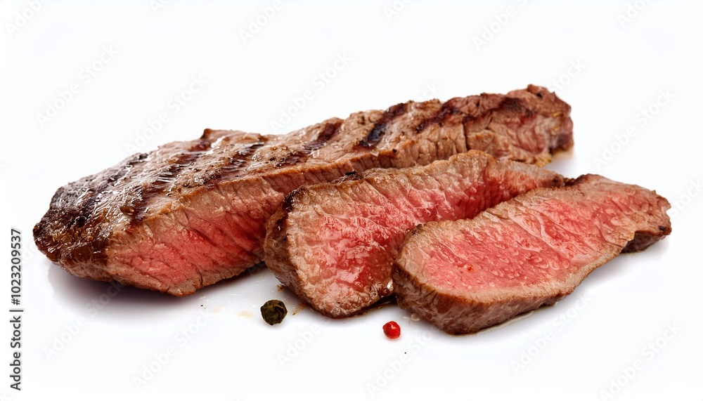 perfectly grilled beef steak with char marks on white background