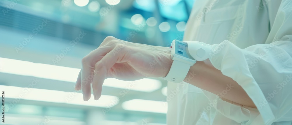 Fototapeta premium The graceful hand of a doctor adorned with an advanced health gadget, set against a luminous and modern backdrop.