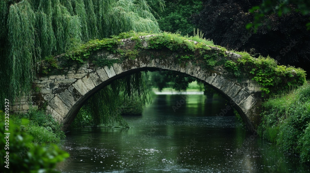 Close-up of an ancient stone bridge, moss and willows adding natural charm, spanning over a peaceful river Close-up of an ancient stone bridge, moss and willows adding natural charm, spanning over a peaceful river