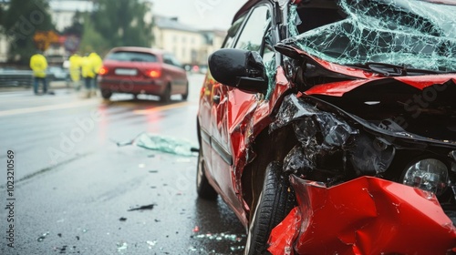 A damaged red car is seen on a rainy road, highlighting the aftermath of an accident, with emergency responders nearby.