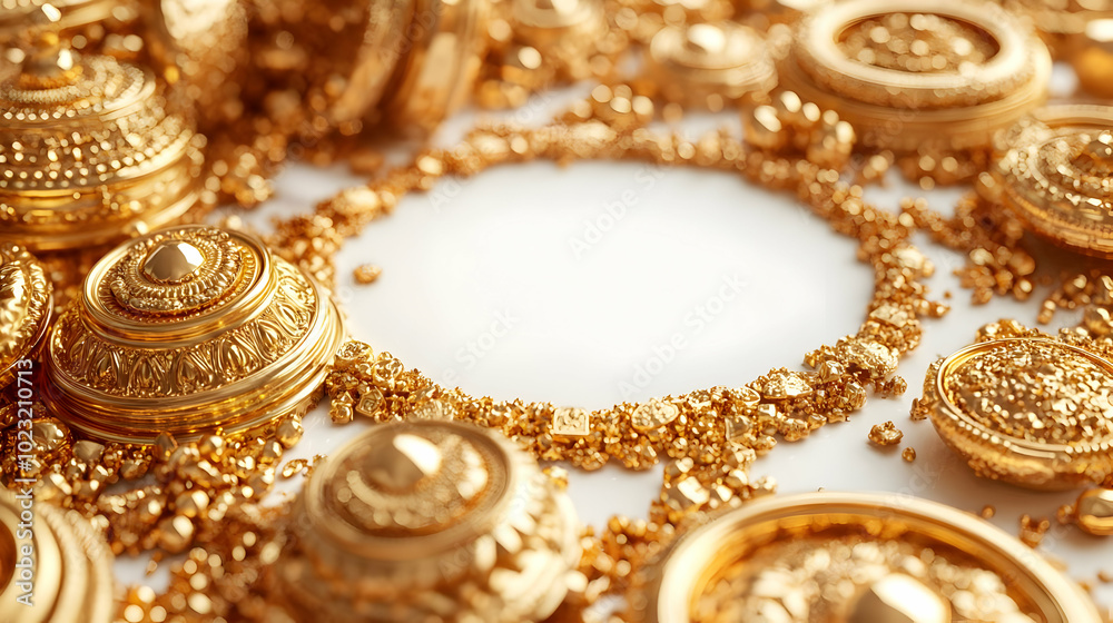 3D Icon Border Frame with Treasure for Dhanteras - Camera Zoom Effect on Abundance & Prosperity with Glossy Textures on Isolated White Background 3D Icon Border Frame with Treasure for Dhanteras - Camera Zoom Effect on Abundance & Prosperity with Glossy Textures on Isolated White Background