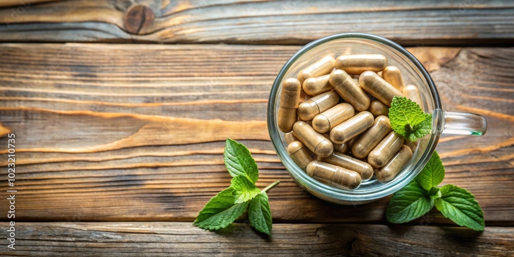 Herbal capsules in cup on wooden table background, top view of medicine for healthy, herbal, capsules, cup Herbal capsules in cup on wooden table background, top view of medicine for healthy, herbal, capsules, cup