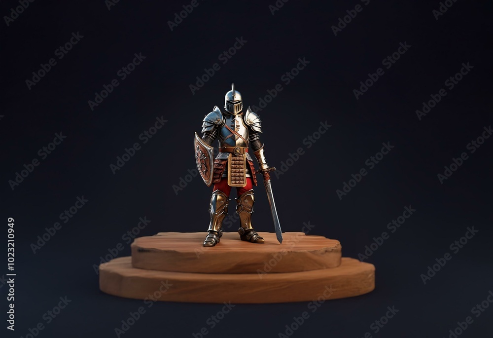 A knight in full armor stands on a wooden platform, holding a sword and a shield. A knight in full armor stands on a wooden platform, holding a sword and a shield.