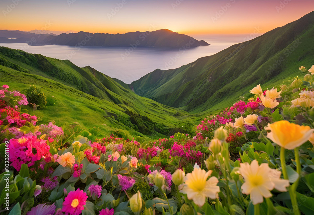 Fototapeta premium landscape, mountain, nature, sky, flowers, flower, field, meadow, summer, spring, grass, mountains, green, cloud, hill, flora, red, travel, clouds, poppy, outdoor, sunset, forest, rhododendron, yellow