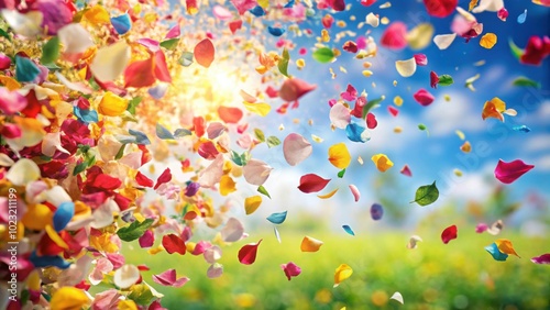 Colorful flower petals fluttering in the wind, symbolizing celebrations such as weddings, parties