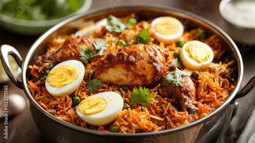 Tasty Chicken Biryani in Metal Pot with Eggs