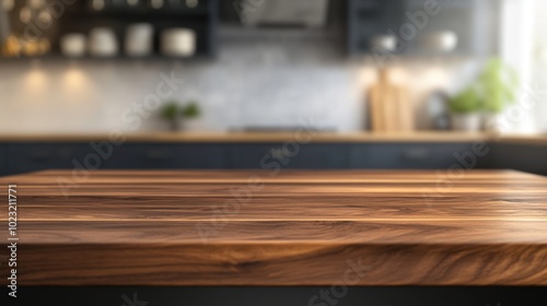 Dark walnut wood table with subtle kitchen lighting and bokeh effect in the background, providing a rich texture for a luxury mockup