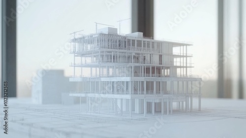 Digital construction model, blueprints displayed next to 3D structures, BIM technology in action, on white backdrop